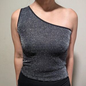 Vintage Women's Silver and Black One shoulder Party Top